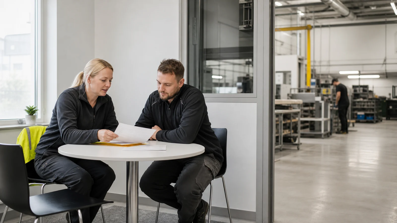 Työntekijä ja yhteyshenkilö käyvät työvuoroja läpi tuotantotilan vieressä