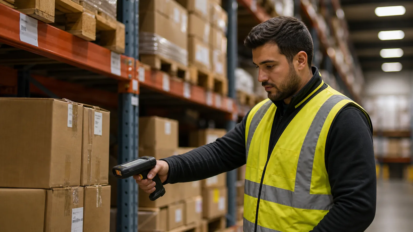 Logistiikan työntekijä skannaa paketteja varastossa