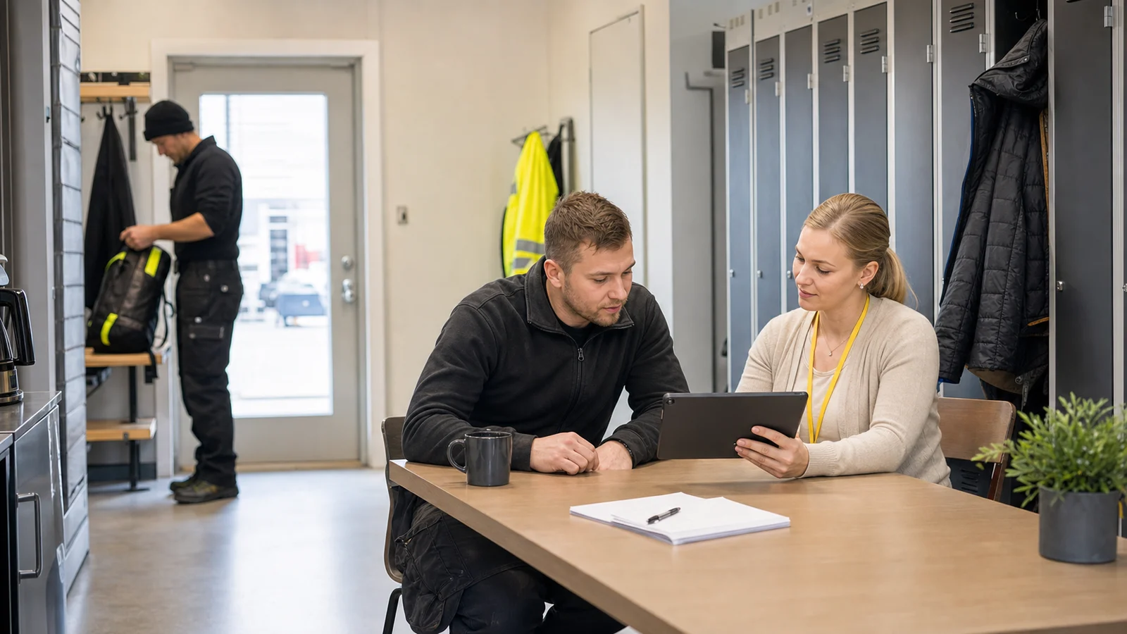 Työntekijä ja koordinaattori käyvät työohjeita läpi ennen vuoroa