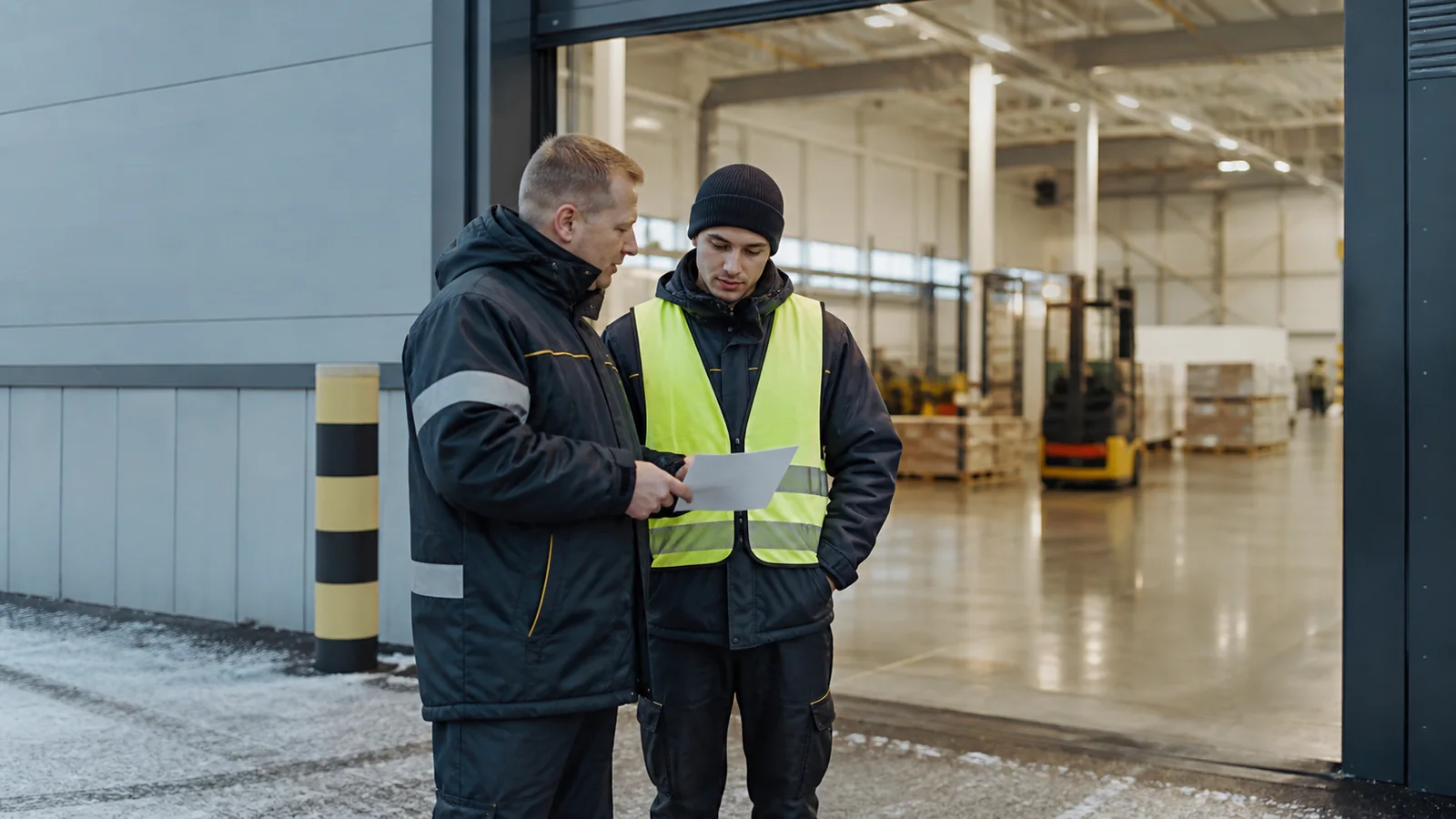 Esihenkilö perehdyttää nopeasti saapunutta sijaista logistiikkakeskuksessa