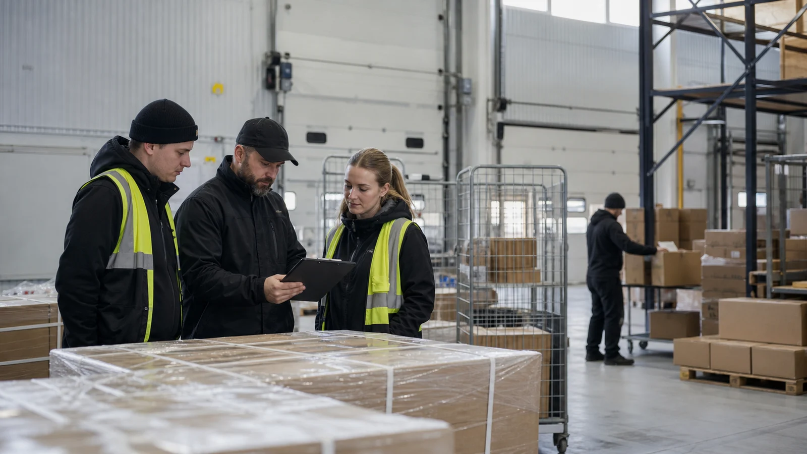Työnjohtaja ja henkilöstökoordinaattori tarkistavat kiireistä vuoroa varastossa
