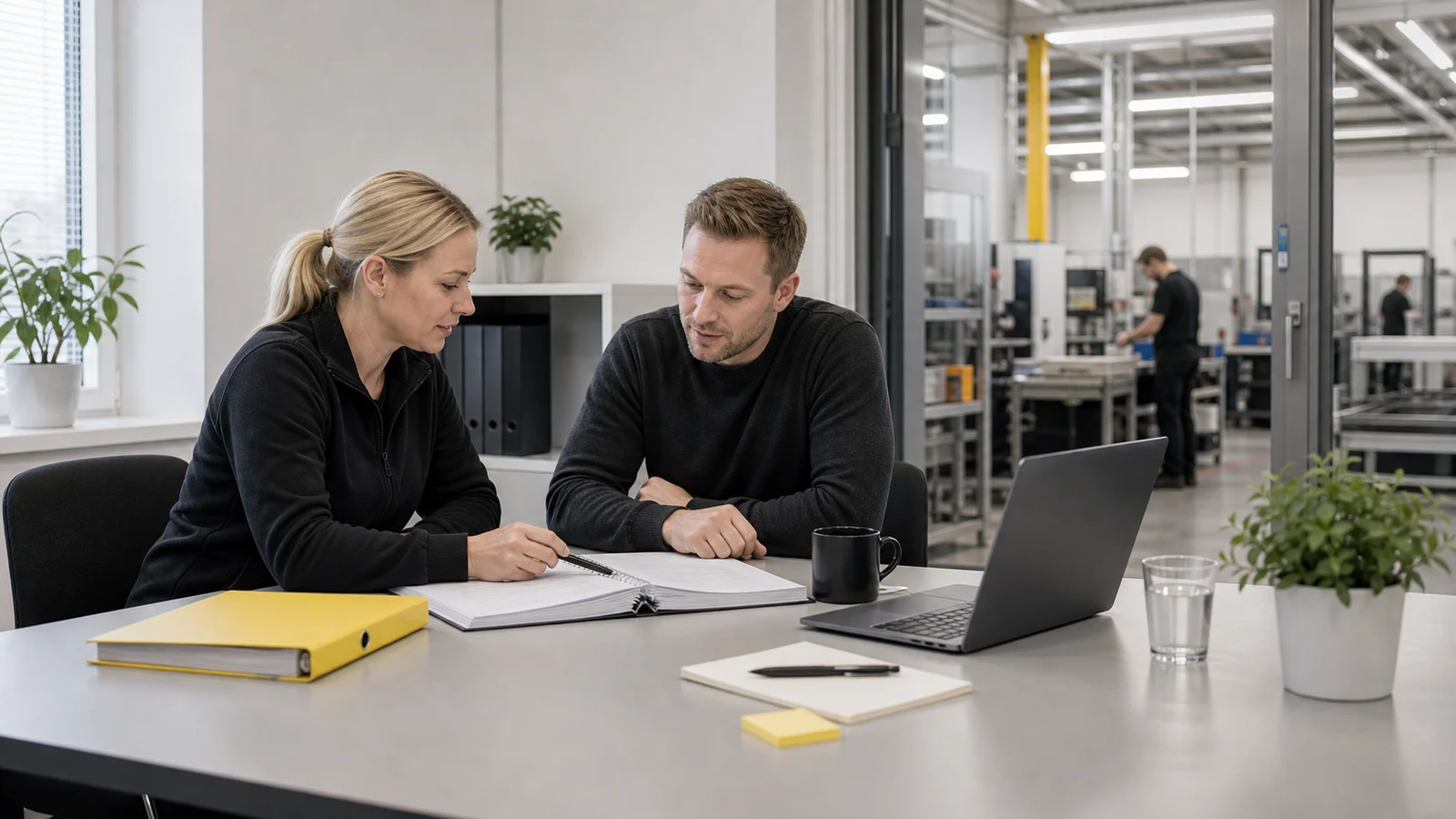 Yrityksen edustaja ja asiantuntija käyvät henkilöstösuunnitelmaa läpi