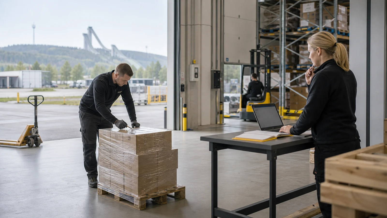 Varastotyöntekijä tarkistaa lähetystä Lahden logistiikkaympäristössä