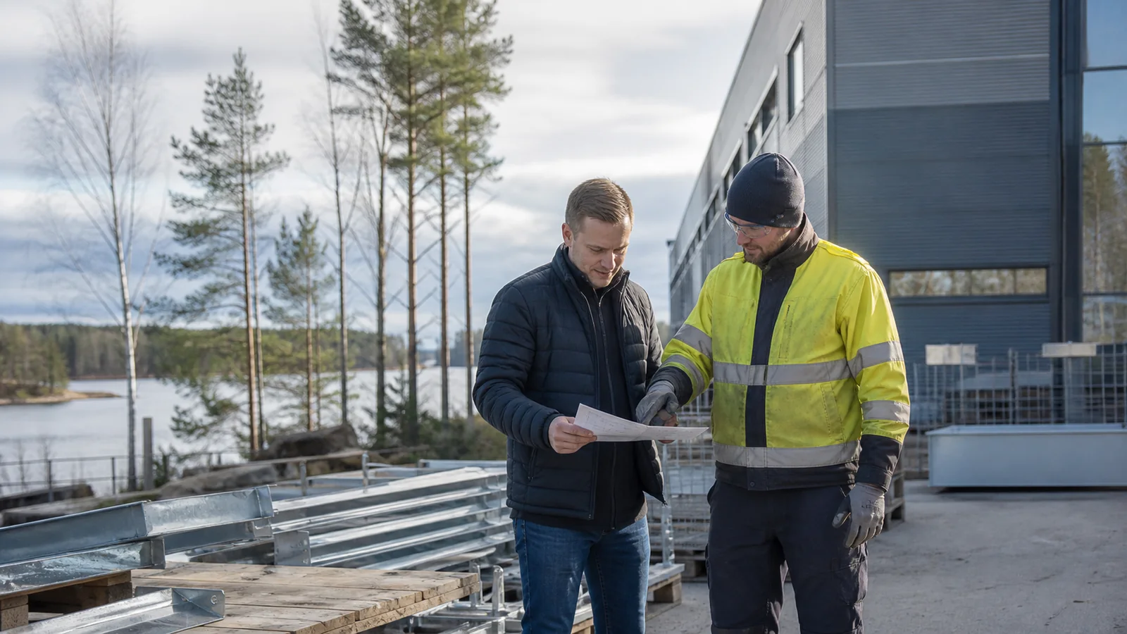 Teknisen työn toimeksiantoa käydään läpi järven rannalla Etelä-Karjalassa