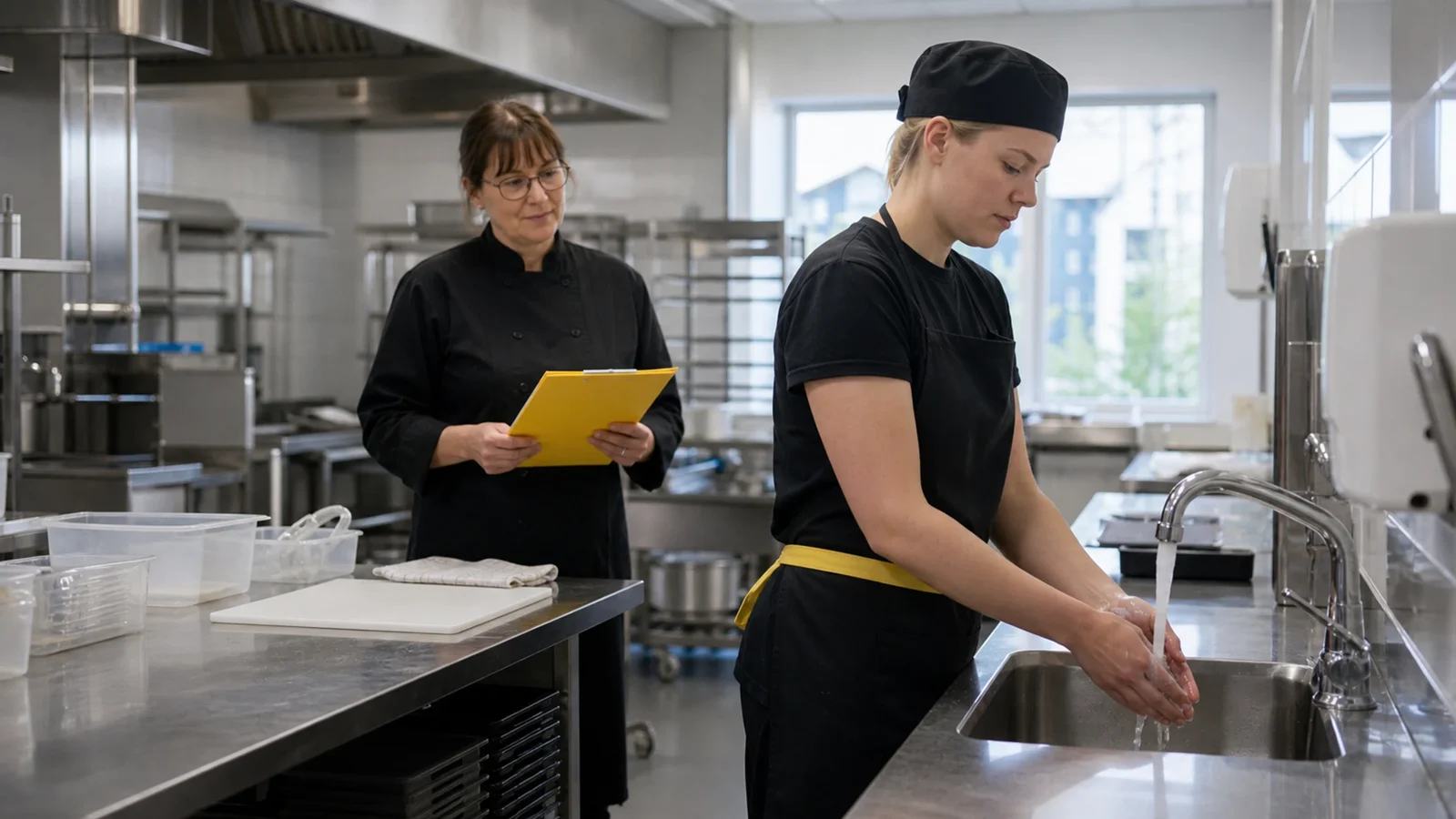 Keittiötyöntekijä pesee käsiä hygieniapassin ohjauksessa