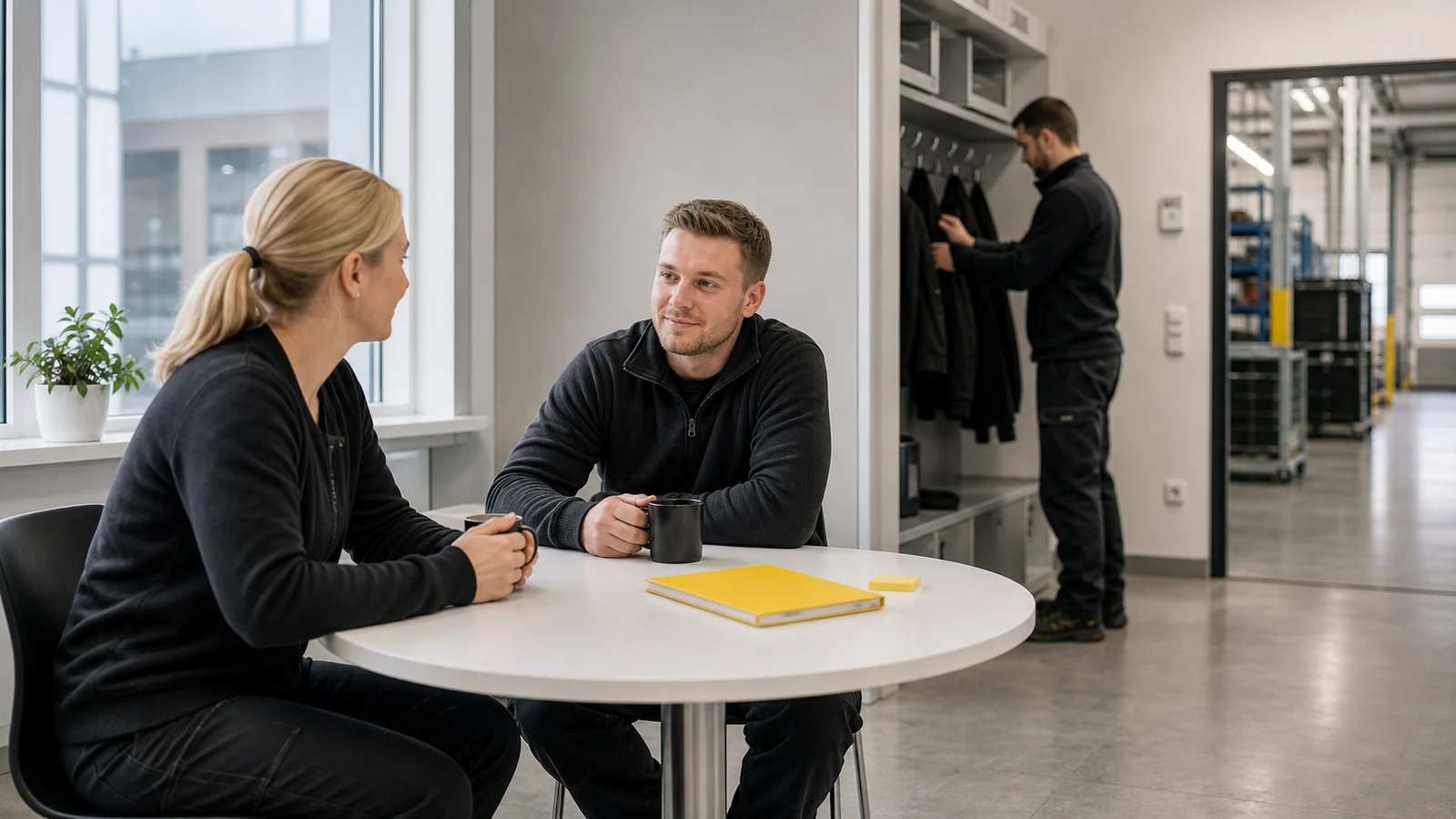 Työntekijä ja yhteyshenkilö keskustelevat palautteesta työvuoron jälkeen