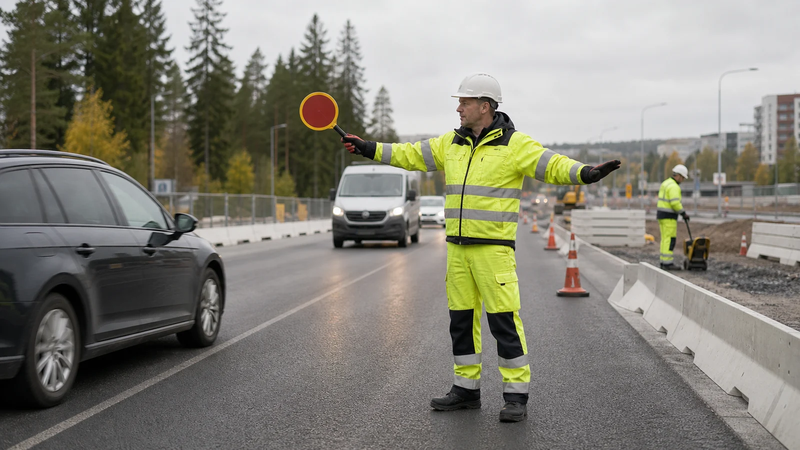 Liikenteenohjaaja ohjaa autoja tietyömaan kohdalla