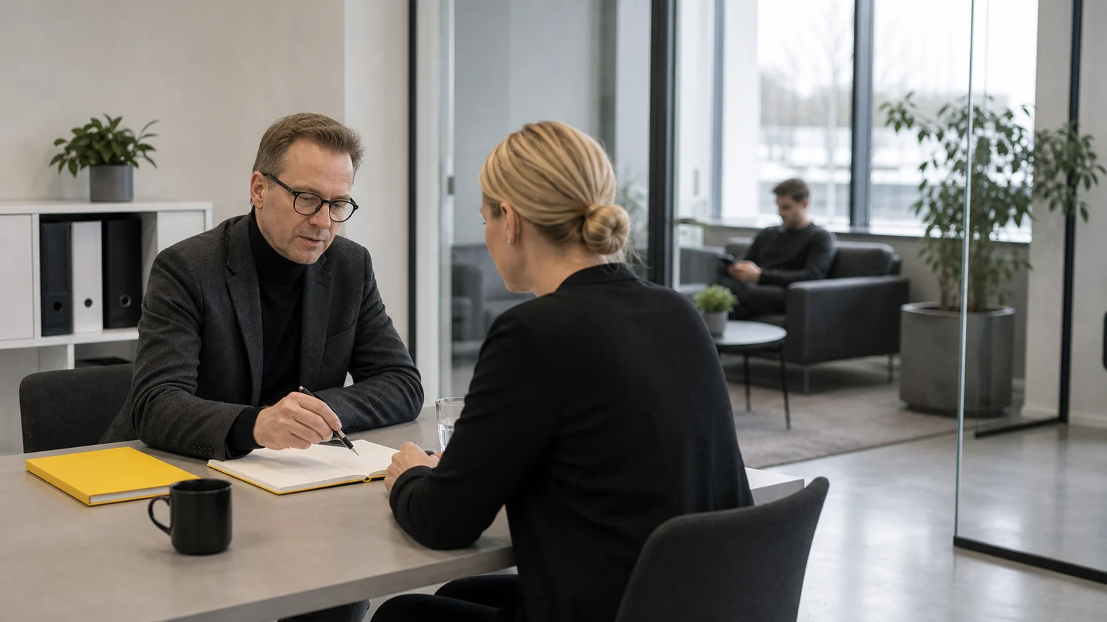 Rekrytointikonsultti ja työnantaja keskustelevat suorahaun profiilista
