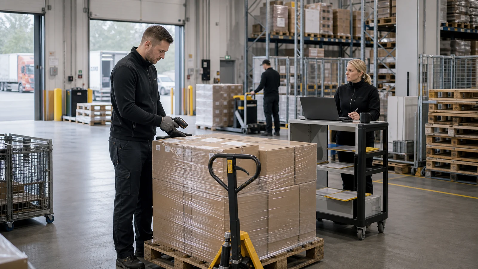 Varastotyöntekijä tarkistaa lähtevää lähetystä jakelukeskuksessa