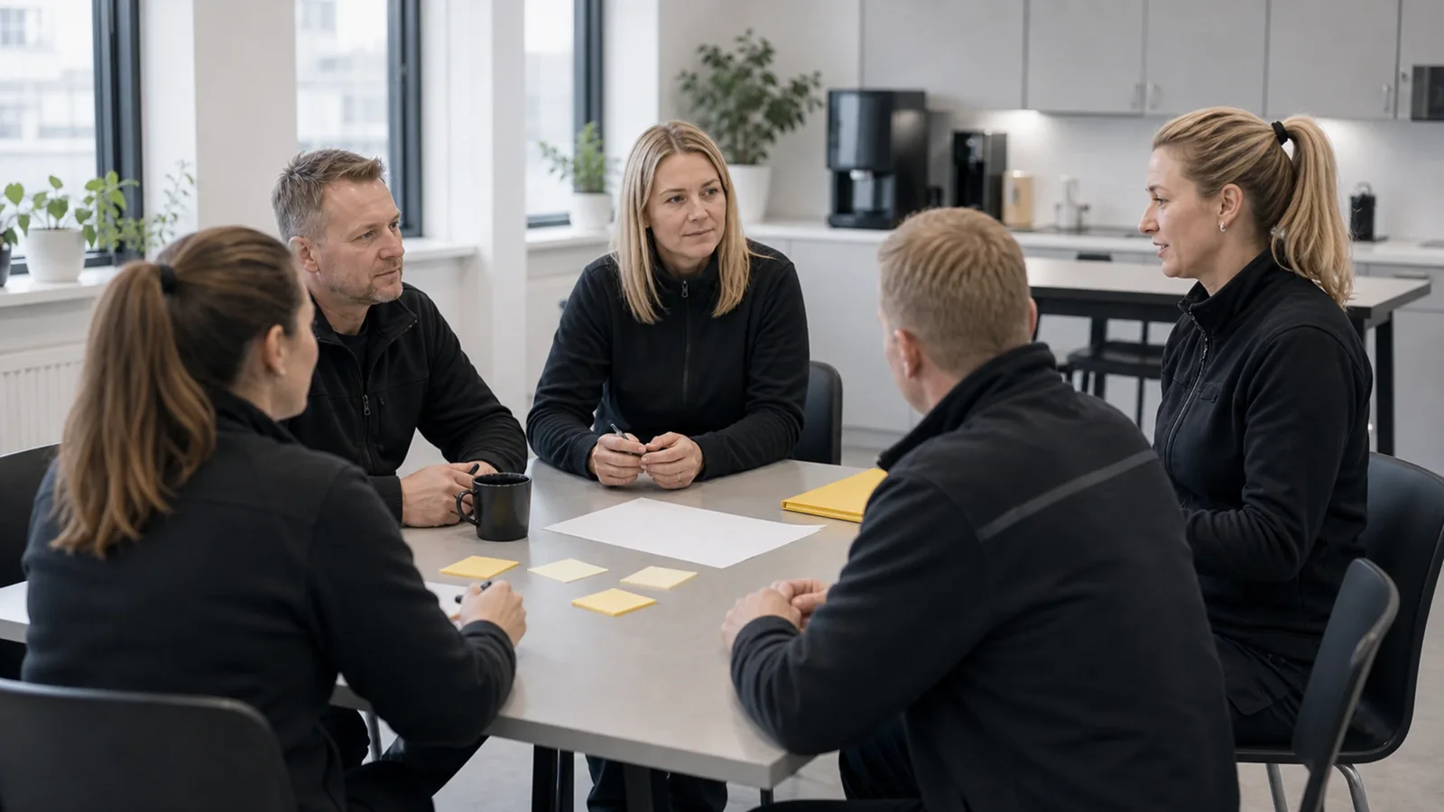Työyhteisö keskustelee työhyvinvoinnista koulutuspöydän ääressä