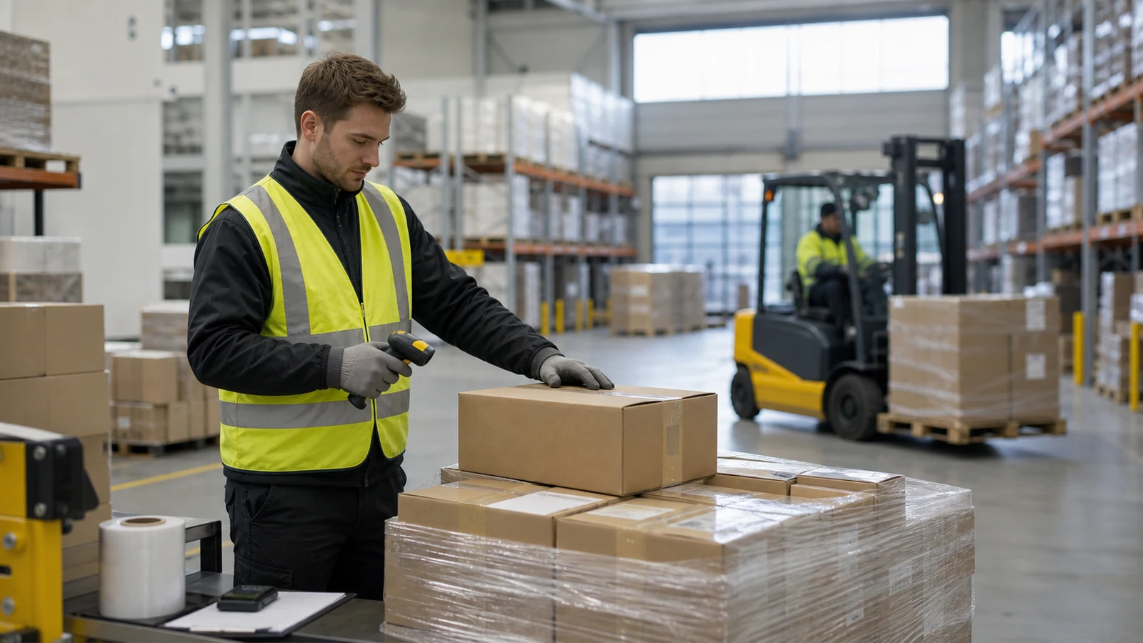 Varastotyöntekijä tarkistaa lähetystä logistiikkakeskuksessa